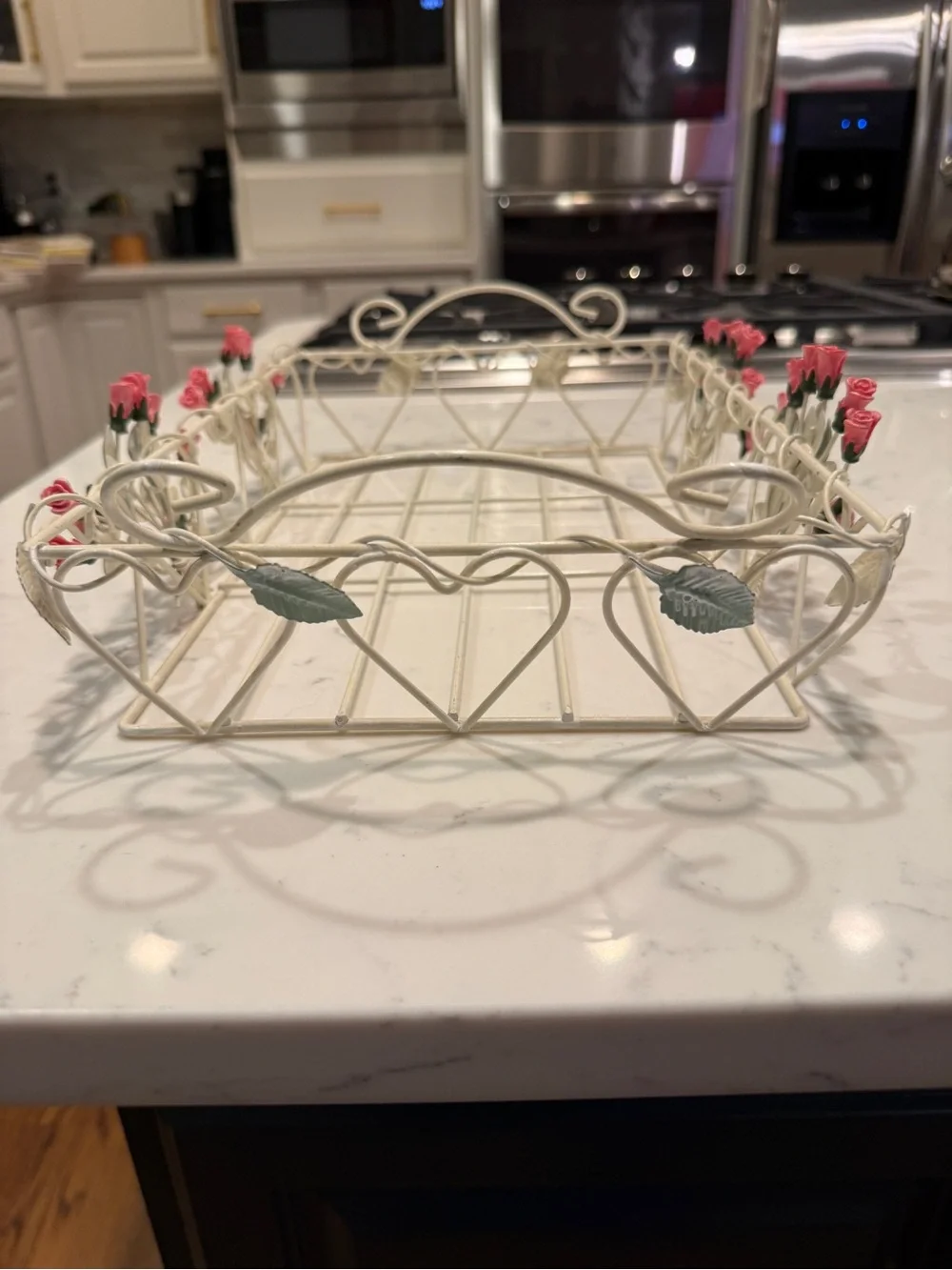 Vintage Cottage Cream Metal Wire Rose Tray Shabby Chic Pink Floral Vanity Basket